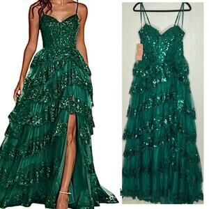 NWT Stacees A-Line Corset Tiered Ruffle Slit Dress 16 Sequins Prom Holiday Party